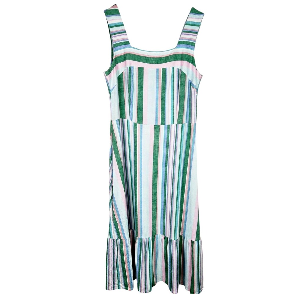 52seven Dress Womens 8 Green Stripe Square Neck Ruffle Hem Midi Sundress
